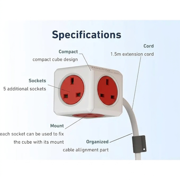 DesignNest PowerCube 5-Outlet Compact Power Strip with Extended Cord Universal plug UK - RED - Image 2