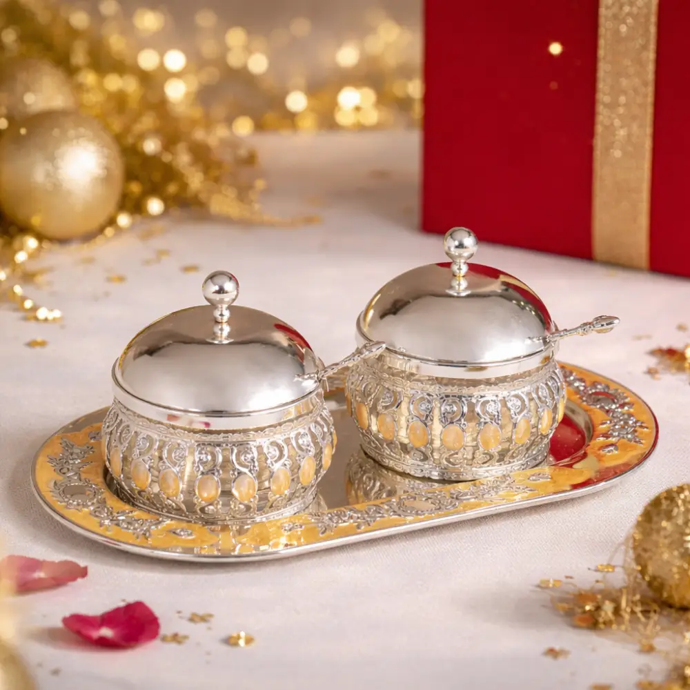CP-2090 Silver Plated Tray With Pair of Sugarpot & Spoon - Peach Enamel Tableware For Home Decor and Gifting - Image 1