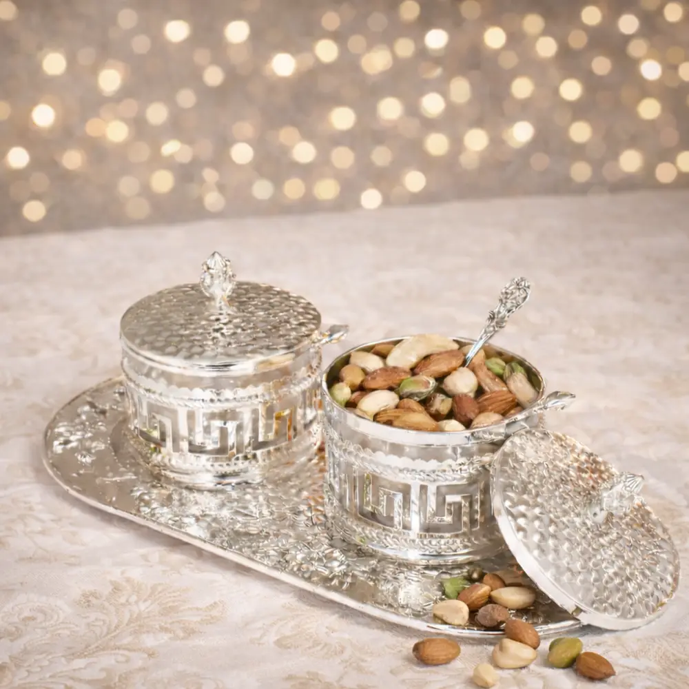 CP-2113 Silver Plated Flower Tray with Two Roman Sugar Pots Tableware For Home Decor and Gifting - Image 1