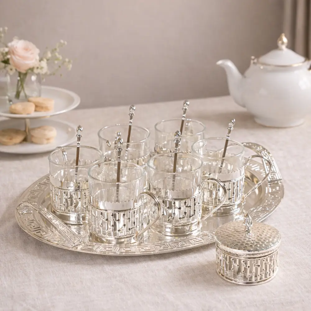 CP-2266 Silver Plated Kawa Set - Bamboo Design Tableware For Home Decor and Gifting - Image 1