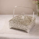 Silver Plated Big Square Basket with Lid & Handle - Bamboo Design Tableware For Home Decor and Gifting