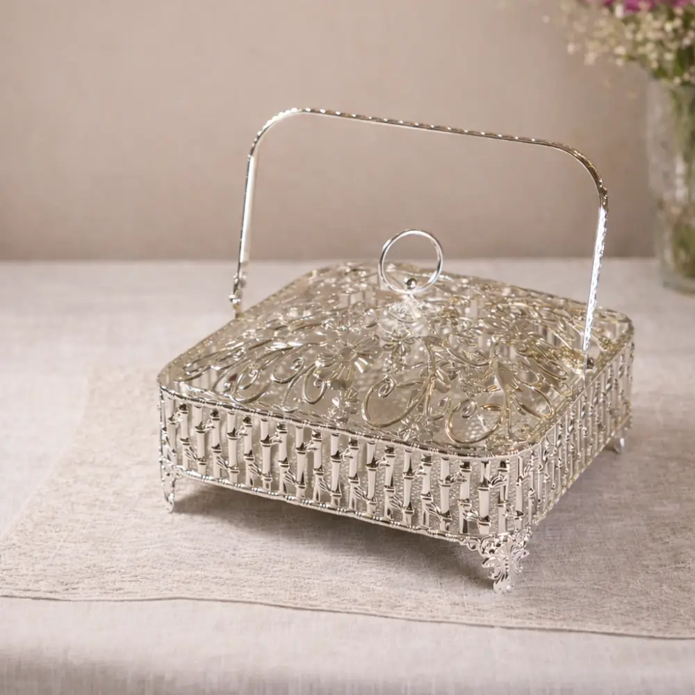 CP-2292 Silver Plated Big Square Basket with Lid & Handle - Bamboo Design Tableware For Home Decor and Gifting - Image 1