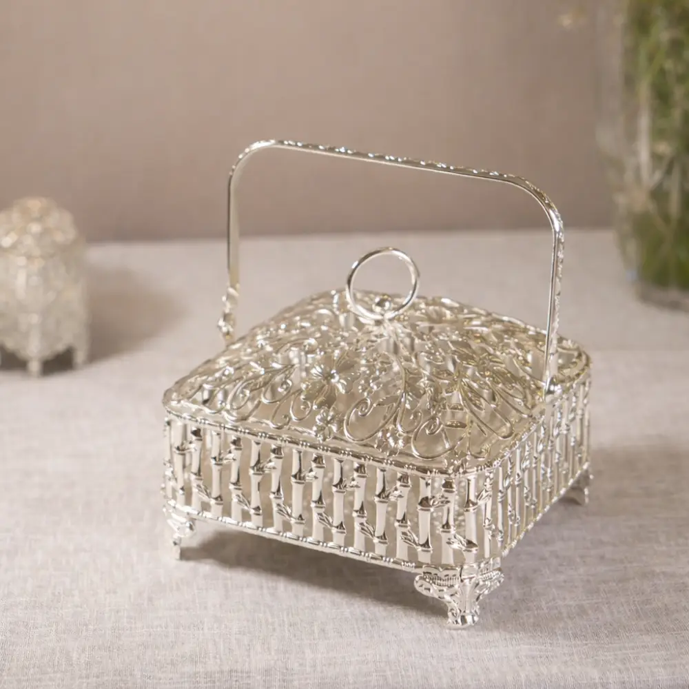 CP-2293 Silver Plated Small Square Basket with Lid & Handle - Bamboo Design Tableware For Home Decor and Gifting - Image 1