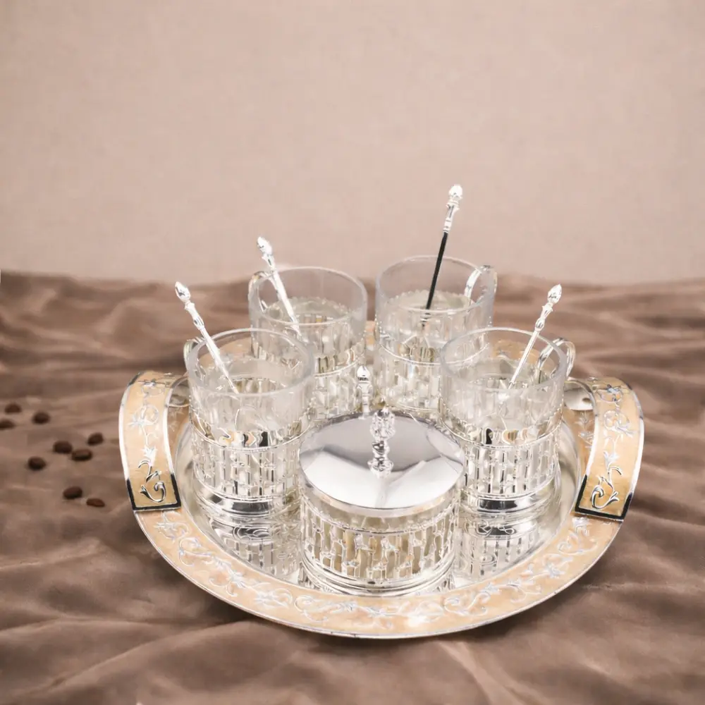 CP-2343 Silver Plated Kawa Set with Round Handle Tray - Cream Enamel Tableware For Home Decor and Gifting - Image 1