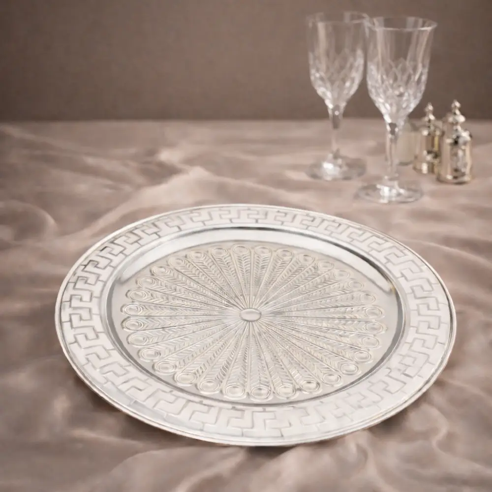 CP-2375 Silver Plated Roman Border Round Tray - Cream Enamel Tableware For Home Decor and Gifting - Image 1